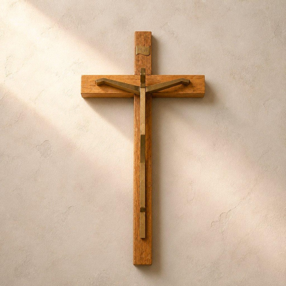 Mid-Century Modern MCM Minimalist Wood and Brass Wall Crucifix Cross